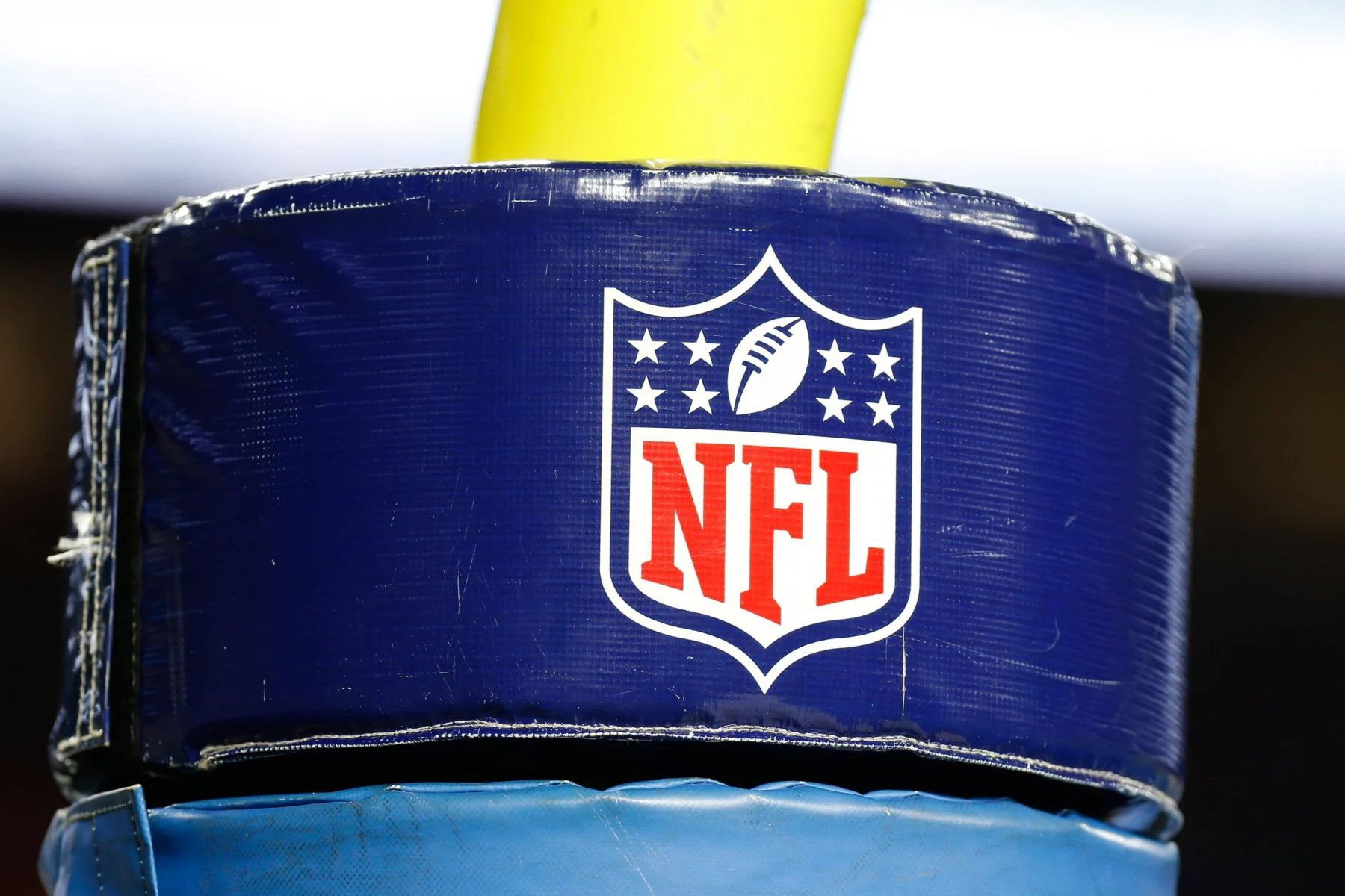 DETROIT, MI - SEPTEMBER 29: A general view of the NFL, American Football Herren, USA logo on the goal post padding is se