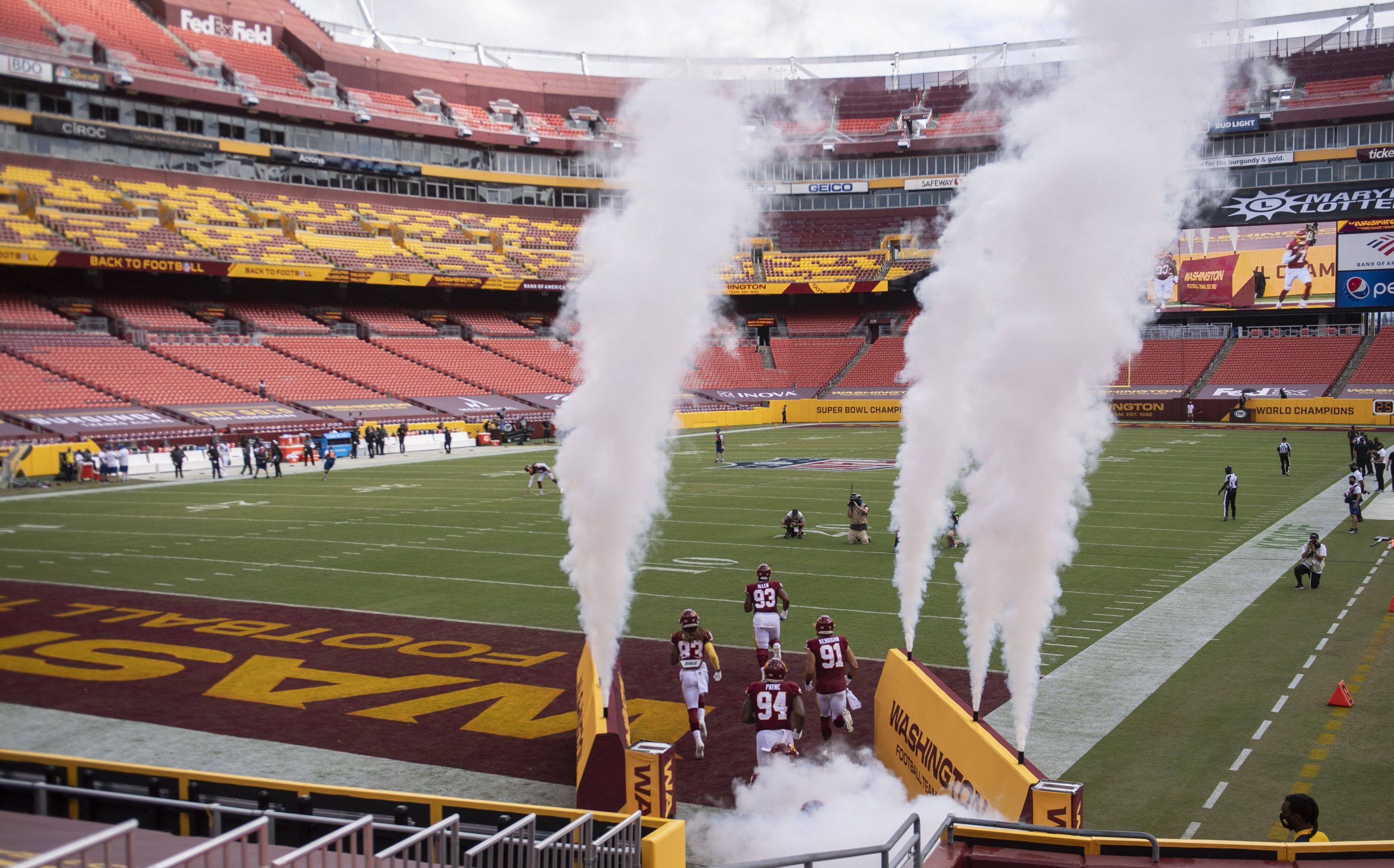 The Washington Football Team takes the field to an empty stadium for their game against the Philadelphia Eagles at FedE