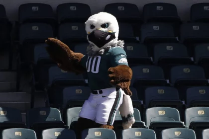 Swoop, the Philadelphia Eagles mascot, wears a face mask when the Los Angeles Rams play the Eagles in week 2 of the NFL,