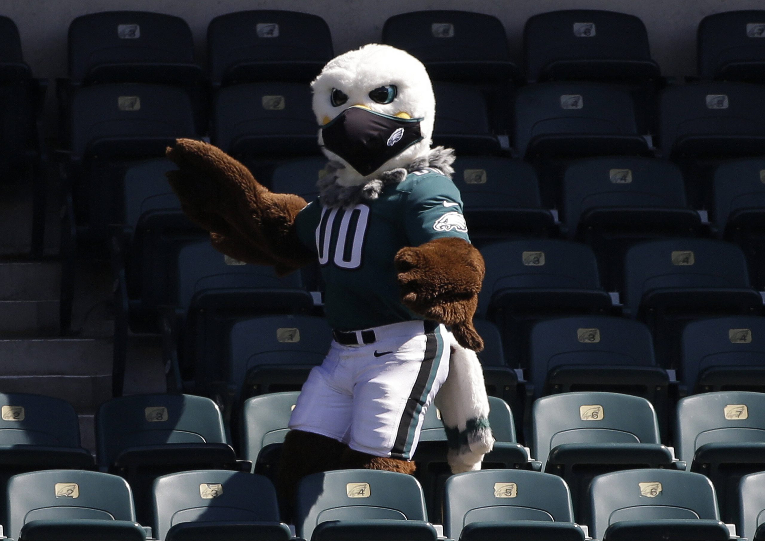 Swoop, the Philadelphia Eagles mascot, wears a face mask when the Los Angeles Rams play the Eagles in week 2 of the NFL,