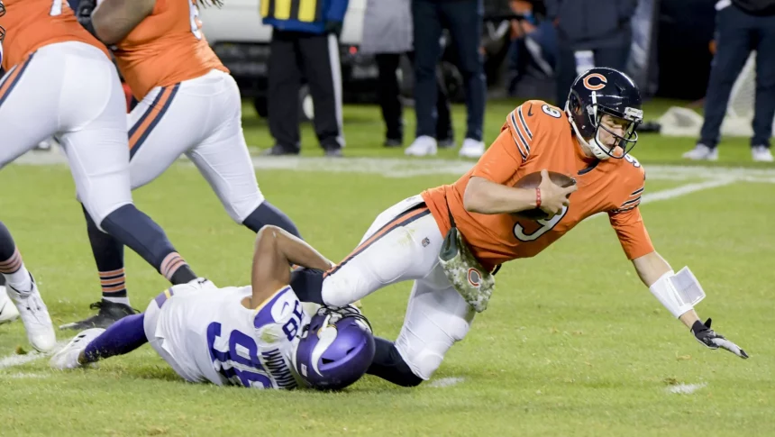 Minnesota Vikings cornerback Harrison Hand 38 sacks Chicago Bears quarterback Nick Foles 9 during the third quarter at Soldier Field in Chicago on Monday,, November 16, 2020. The Minnesota Vikings defeated the Chicago Bears 19-13. PUBLICATIONxINxGERxSUIxAUTxHUNxONLY CHI20201116222 MARKxBLACK