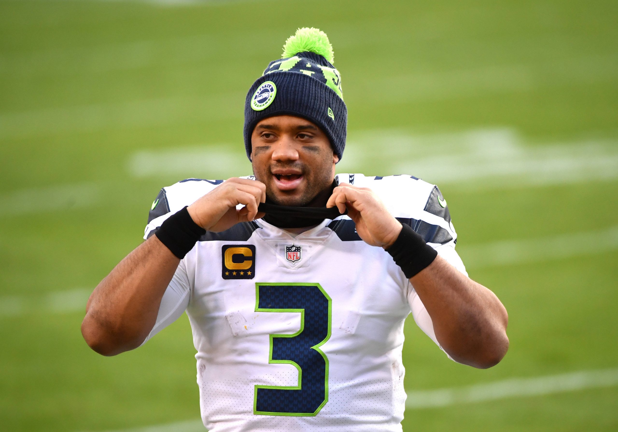 Seattle Seahawks quarterback Russell Wilson (3) leaves the field after the Seahawks defeated the Washington Football Tea