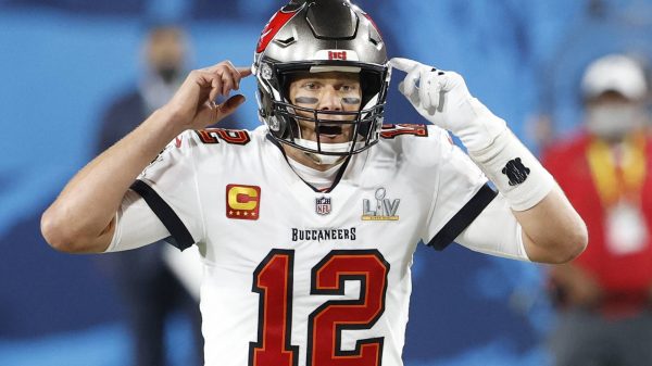 Tampa Bay Buccaneers quarterback Tom Brady (12) calls an audible during the third quarter of Super Bowl LV against the K