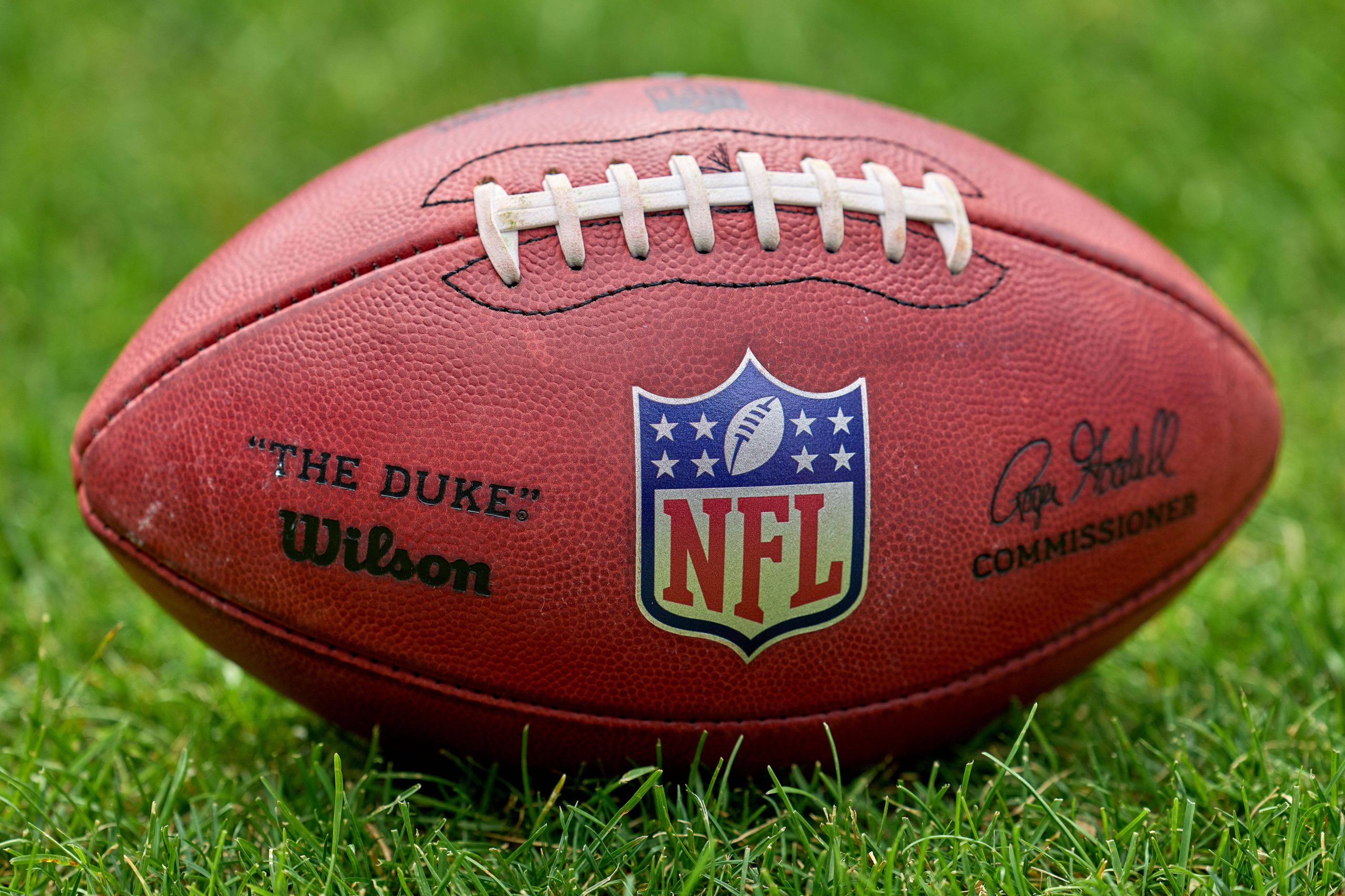 CHICAGO, IL - AUGUST 21: A detail view of the NFL, American Football Herren, USA crest logo is seen on a Wilson football