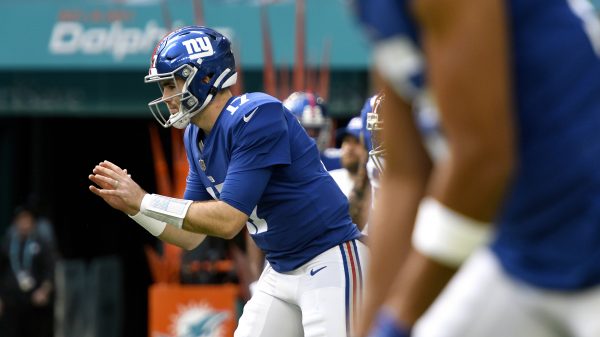 MIAMI GARDENS, FL - DECEMBER 05: New York Giants Quarterback Jake Fromm (17) warms up before the NFL, American Football