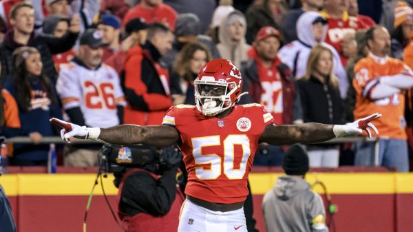Kansas City Chiefs middle linebacker Willie Gay Jr. (50) celebrates after a successful third down play against the Denve