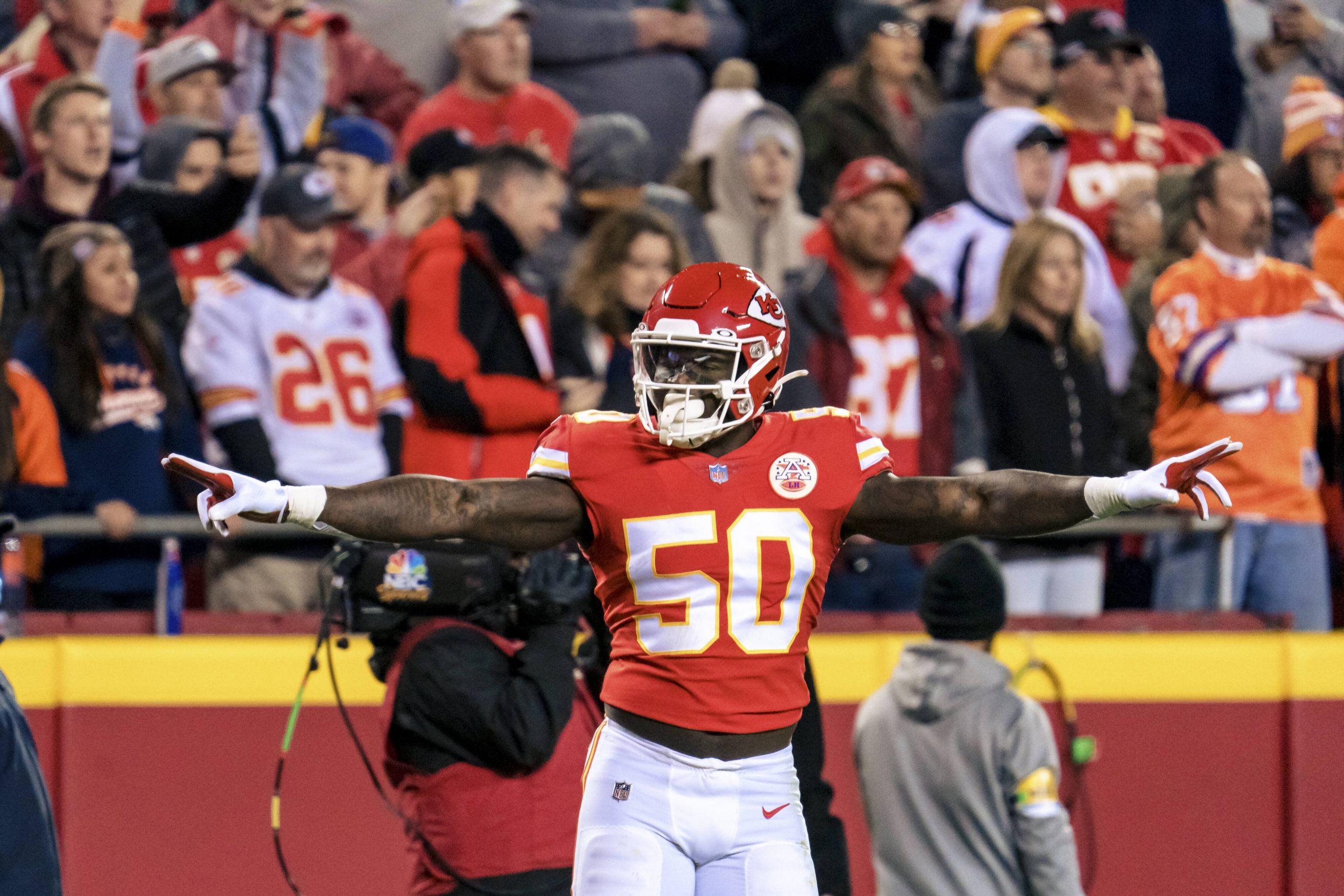 Kansas City Chiefs middle linebacker Willie Gay Jr. (50) celebrates after a successful third down play against the Denve