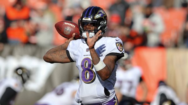 NFL Playoff Picture CLEVELAND, OH - DECEMBER 12: Baltimore Ravens quarterback Lamar Jackson (8) warms up prior to the National Football Lea