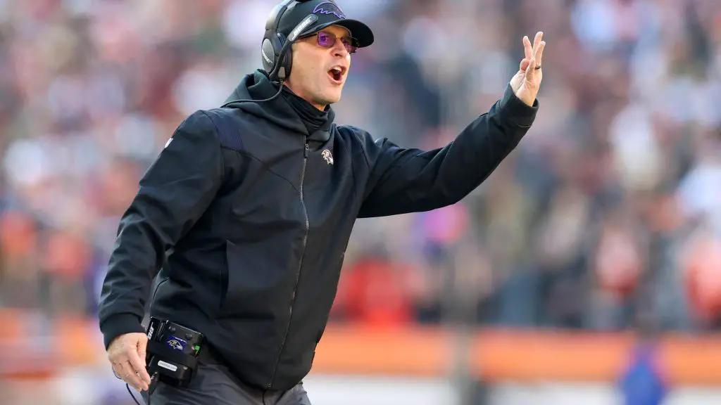 CLEVELAND, OH - DECEMBER 12: Baltimore Ravens head coach John Harbaugh reacts to a penalty called on the Ravens during t