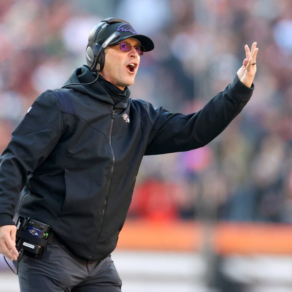 CLEVELAND, OH - DECEMBER 12: Baltimore Ravens head coach John Harbaugh reacts to a penalty called on the Ravens during t