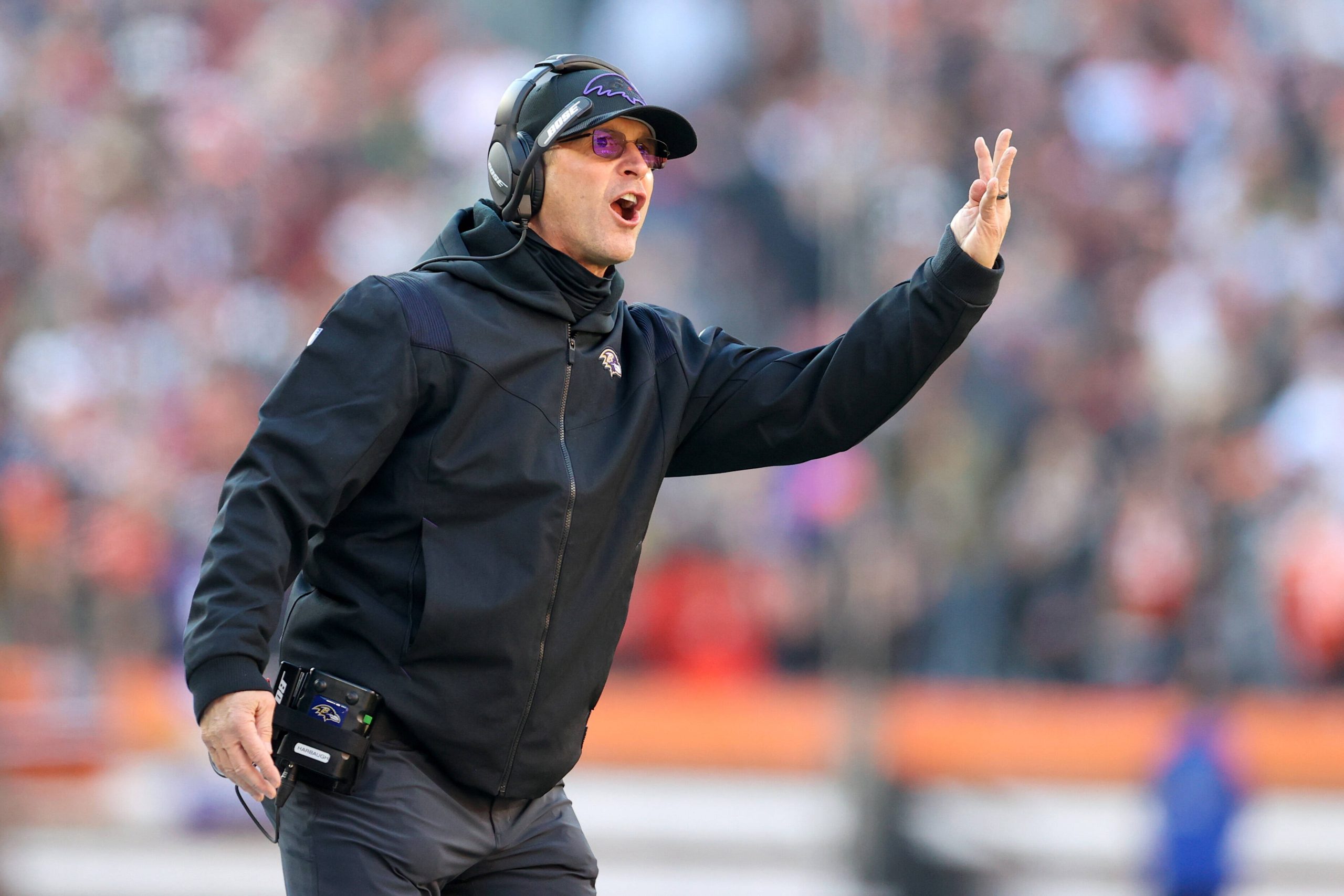 CLEVELAND, OH - DECEMBER 12: Baltimore Ravens head coach John Harbaugh reacts to a penalty called on the Ravens during t