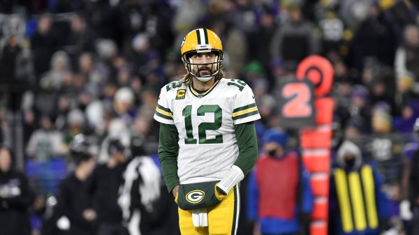 BALTIMORE, MD - DECEMBER 19: Packers quarterback Aaron Rodgers (12) looks up at the scoreboard during the Green Bay Pack
