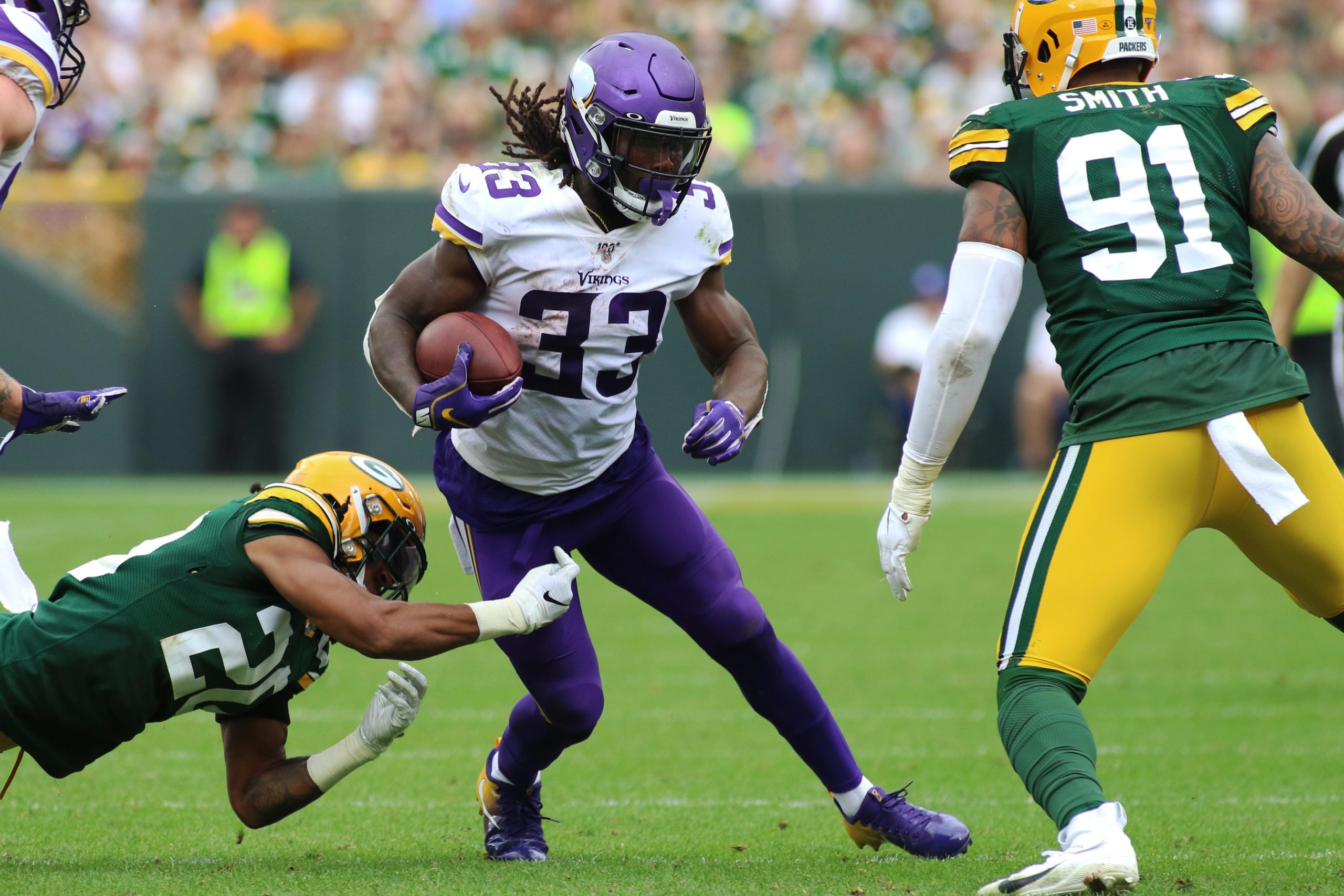 GREEN BAY WI SEPTEMBER 15 Minnesota Vikings running back Dalvin Cook 33 runs with the ball du