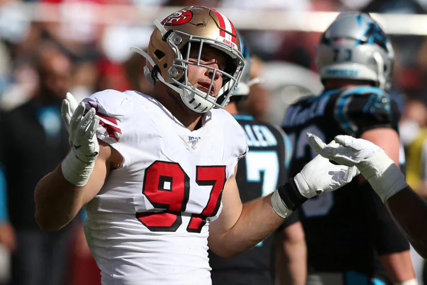 SANTA CLARA, CA - OCTOBER 27: San Francisco 49ers linebacker Nick Bosa (97) reacts to a play during an NFL, American Foo