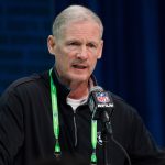 INDIANAPOLIS, IN - FEBRUARY 25: Oakland Raiders general manager Mike Mayock answers questions from the media during the