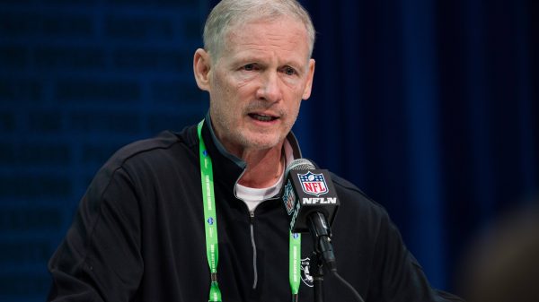 INDIANAPOLIS, IN - FEBRUARY 25: Oakland Raiders general manager Mike Mayock answers questions from the media during the