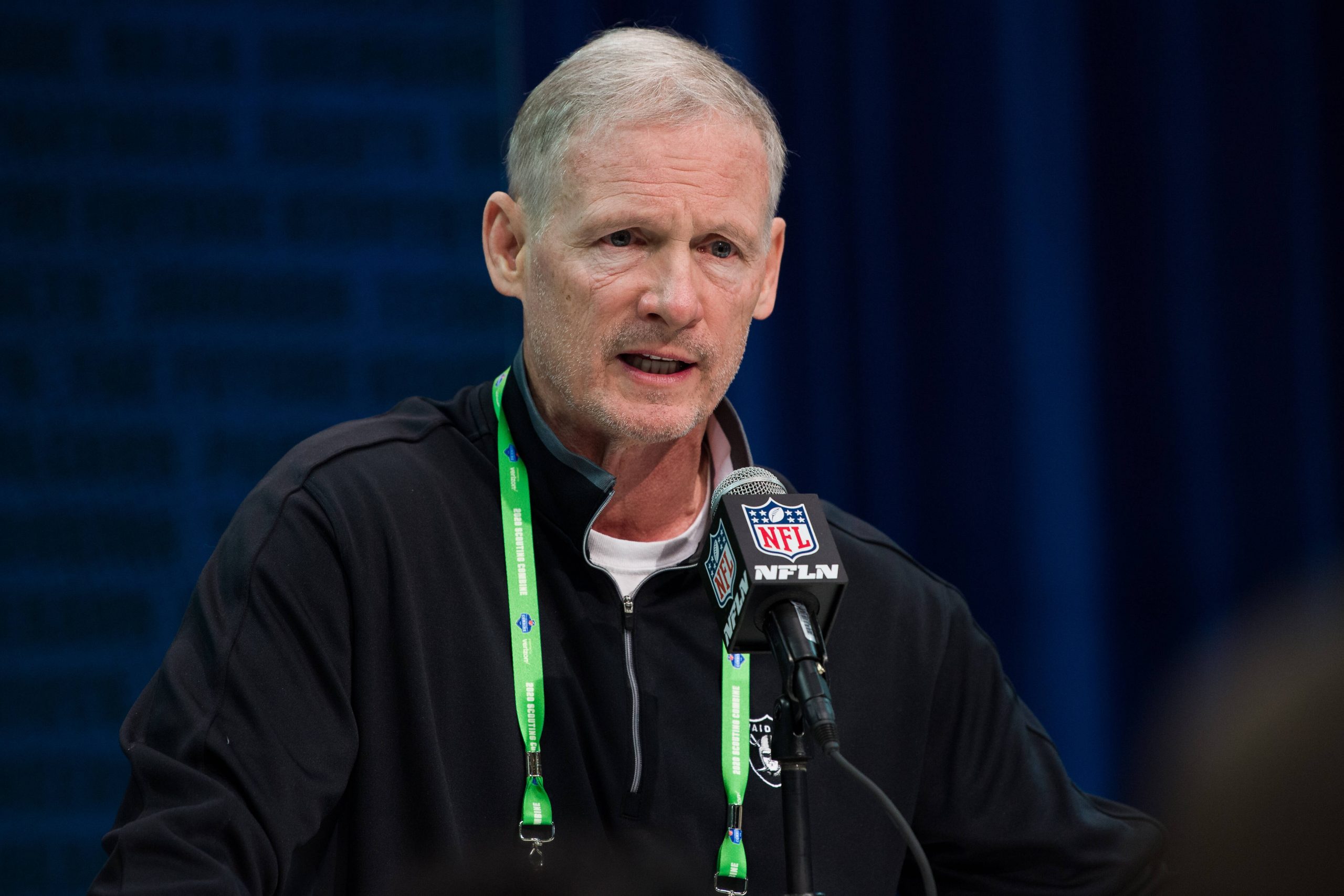 INDIANAPOLIS, IN - FEBRUARY 25: Oakland Raiders general manager Mike Mayock answers questions from the media during the