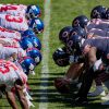 CHICAGO, IL - SEPTEMBER 20: The Chicago Bears offensive line lines up across the New York Giants defensive line at the l
