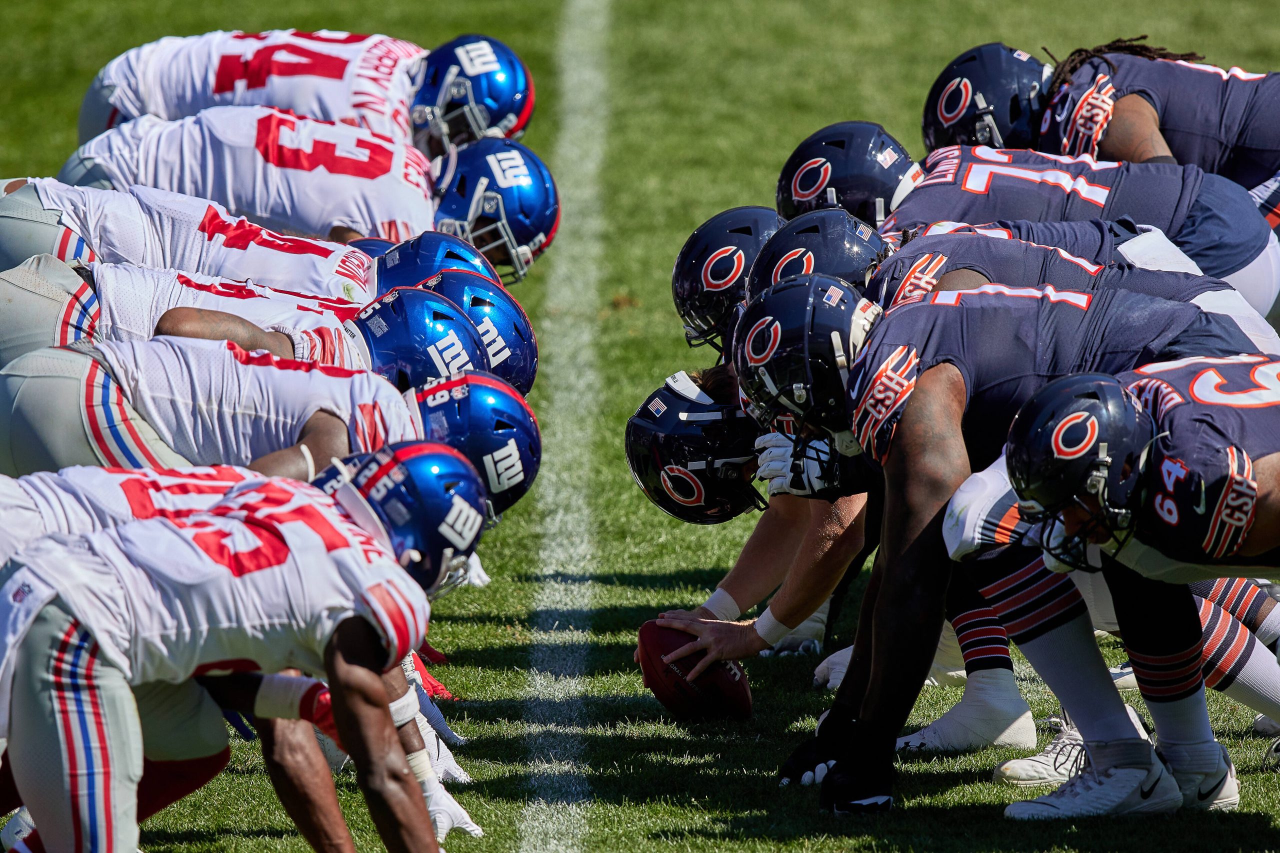 CHICAGO, IL - SEPTEMBER 20: The Chicago Bears offensive line lines up across the New York Giants defensive line at the l