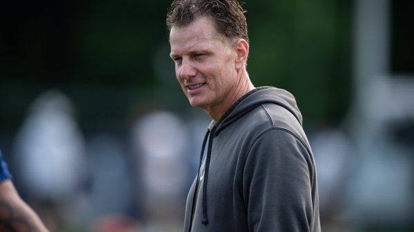 WESTFIELD, IN - JULY 30: Indianapolis Colts defensive coordinator Matt Eberflus watches a drill during the Indianapolis
