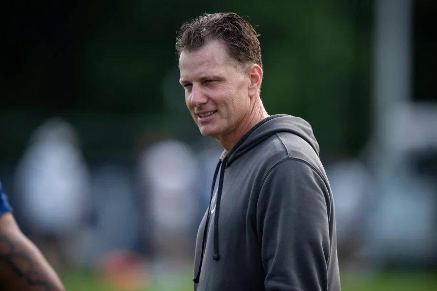 WESTFIELD, IN - JULY 30: Indianapolis Colts defensive coordinator Matt Eberflus watches a drill during the Indianapolis