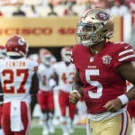 San Francisco 49ers quarterback Trey Lance (5) jogs off the field in the second quarter against the Kansas City Chiefs a