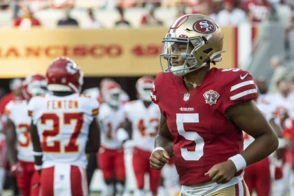 San Francisco 49ers quarterback Trey Lance (5) jogs off the field in the second quarter against the Kansas City Chiefs a