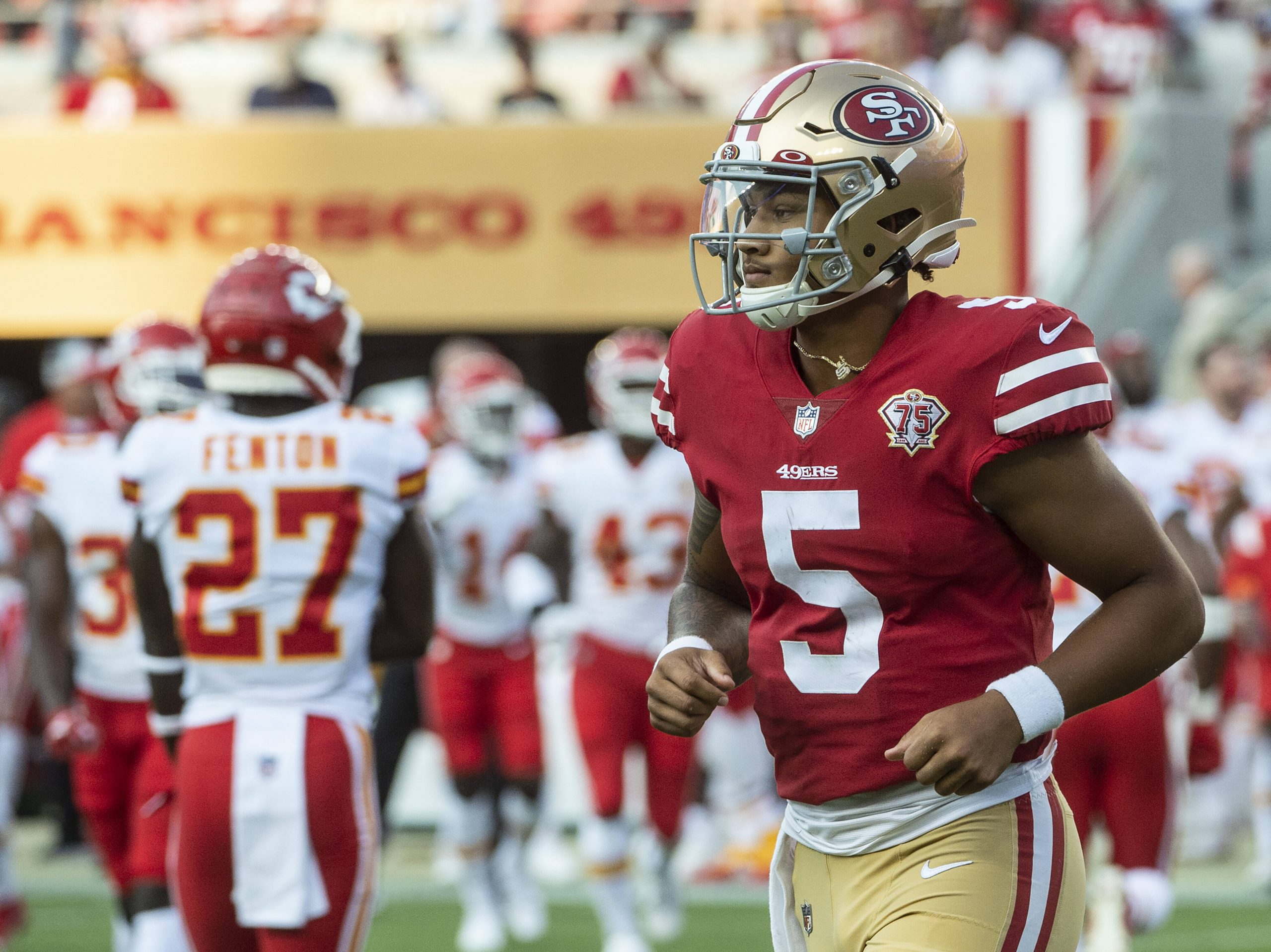 San Francisco 49ers quarterback Trey Lance (5) jogs off the field in the second quarter against the Kansas City Chiefs a