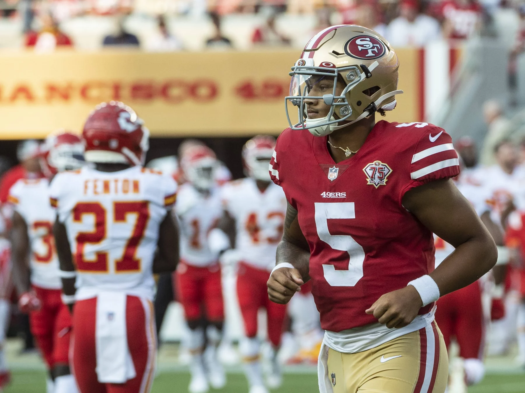 San Francisco 49ers quarterback Trey Lance (5) jogs off the field in the second quarter against the Kansas City Chiefs a