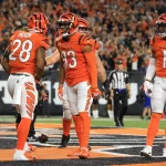 CINCINNATI, OH - SEPTEMBER 30: Cincinnati Bengals running back Joe Mixon (28) reacts with teammates Tyler Boyd (83) and