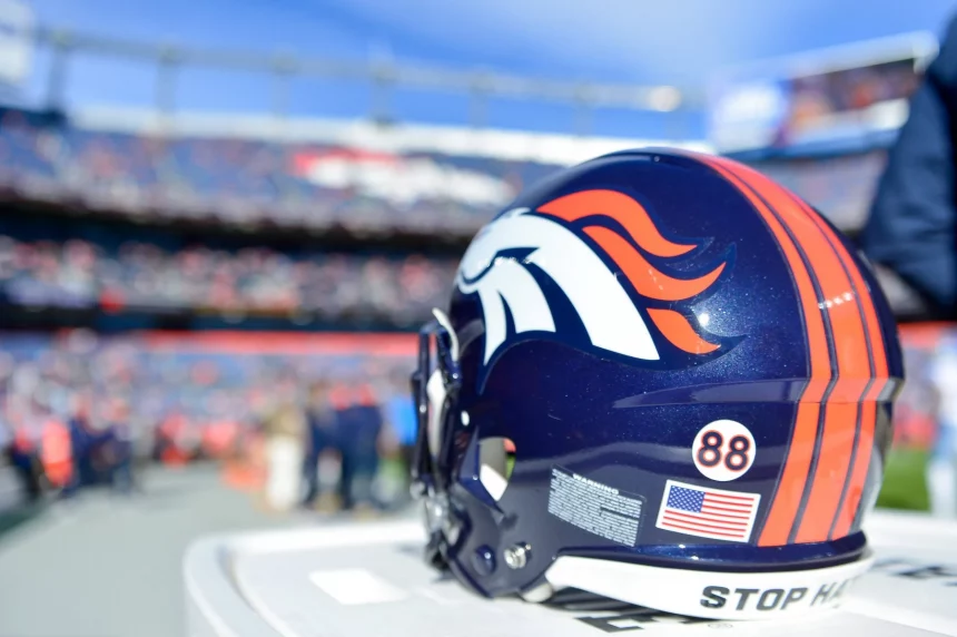 Justin Strnad, CO - DECEMBER 12: A decal of the number 88 in honor of Denver Broncos former wide receiver Demaryius Thomas is s