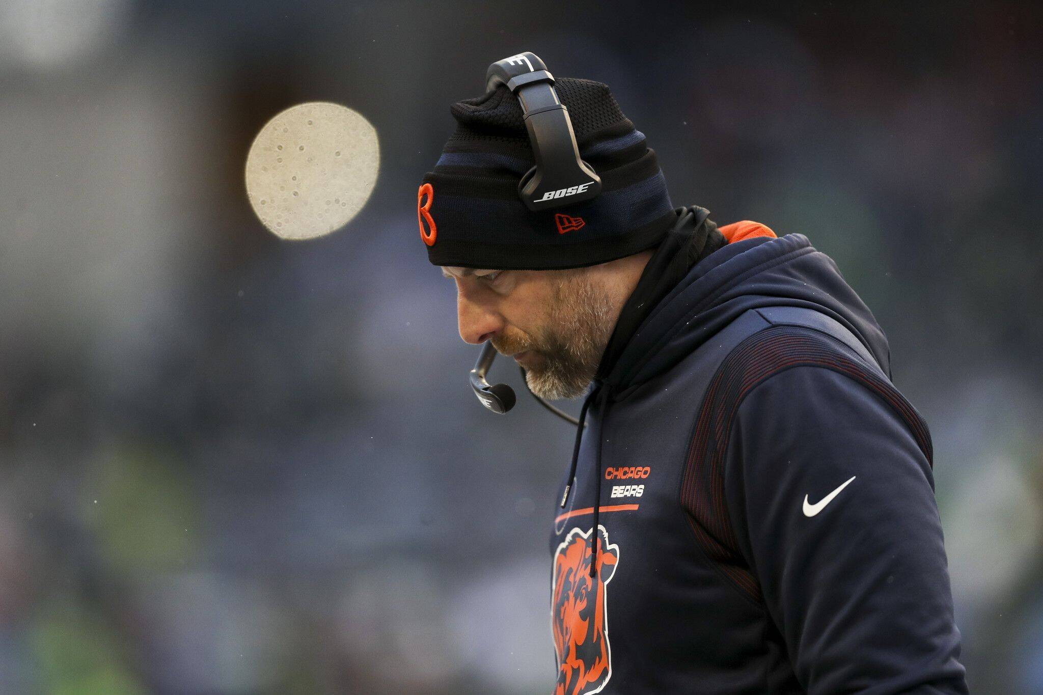 December 27, 2021: Chicago Bears coach Matt Nagy walks near the bench during the third quarter against the Seattle Seaha