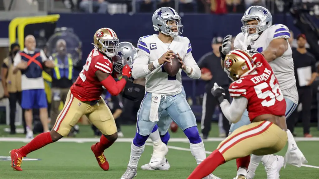 ARLINGTON, TX - JANUARY 16: Dallas Cowboys quarterback Dak Prescott (4) looks downfield for an open receiver during the