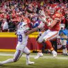 KANSAS CITY, MO - JANUARY 23: Kansas City Chiefs tight end Travis Kelce (87) reaches for the game winning reception over
