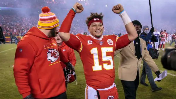 KANSAS CITY, MO - JANUARY 23: Kansas City Chiefs quarterback Patrick Mahomes (15) celebrates after the AFC Divisional R
