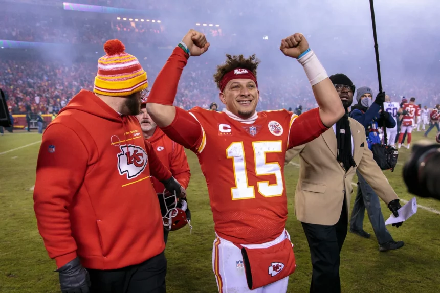 KANSAS CITY, MO - JANUARY 23: Kansas City Chiefs quarterback Patrick Mahomes (15) celebrates after the AFC Divisional R