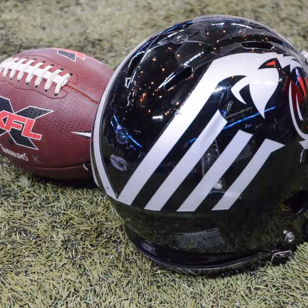 Feb 23, 2020: A New York helmet sits next to a XFL game ball in a game where the NY Guardians visit
