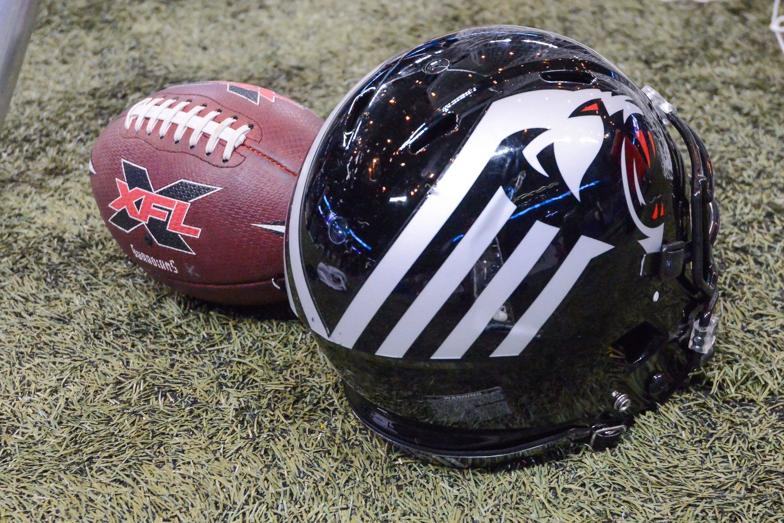 Feb 23, 2020: A New York helmet sits next to a XFL game ball in a game where the NY Guardians visit