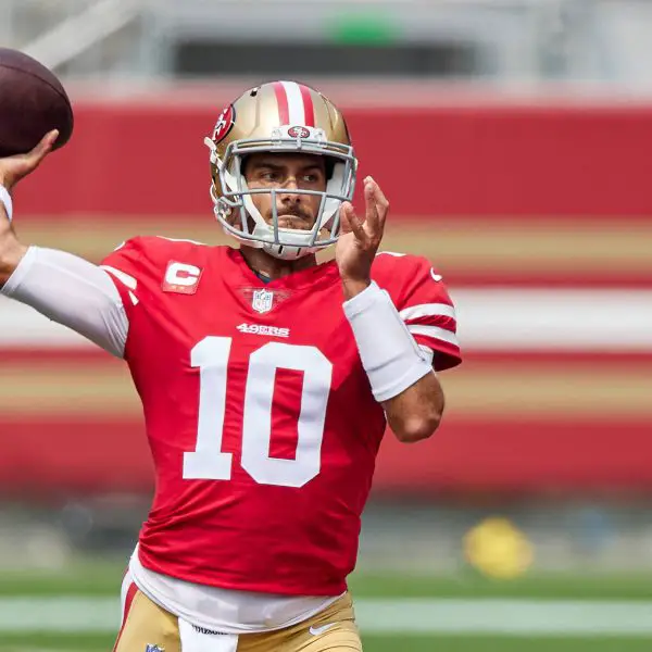 SAN FRANCISCO, CA - SEPTEMBER 13: San Francisco 49ers quarterback Jimmy Garoppolo (10) looks to throw the football runs