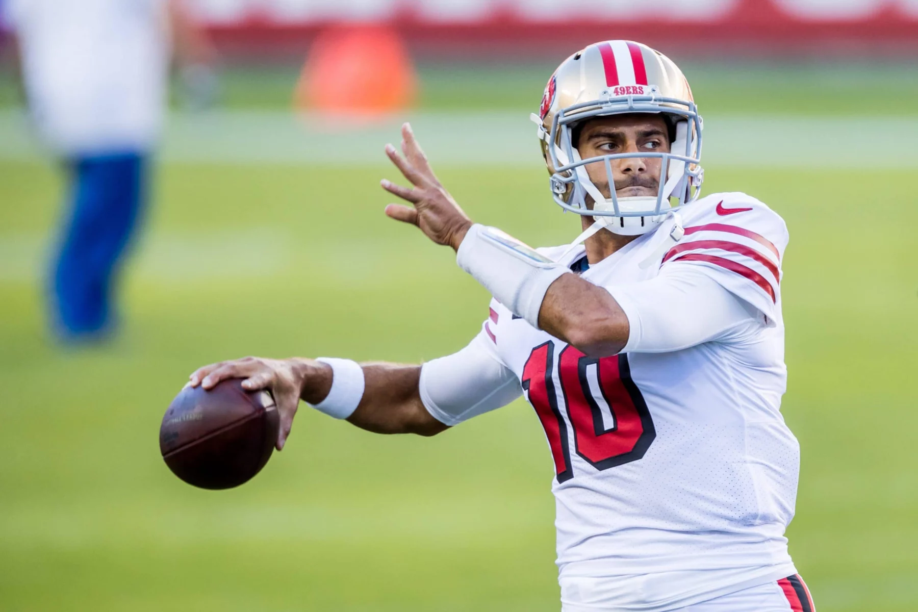 SANTA CLARA, CA - OCTOBER 18: San Francisco 49ers Quarterback Jimmy Garoppolo (10) warms up before the NFL, American Foo