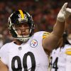 KANSAS CITY, MO - JANUARY 16: Pittsburgh Steelers outside linebacker T.J. Watt (90) points to fans before an AFC wild c