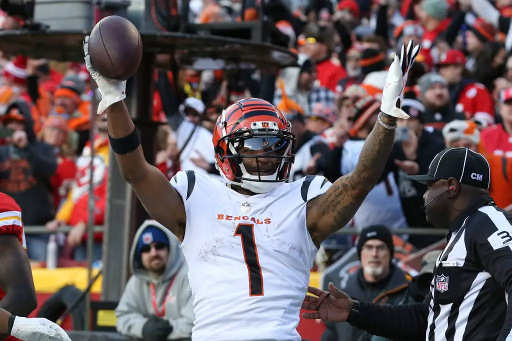 KANSAS CITY, MO - JANUARY 30: Cincinnati Bengals wide receiver Ja Marr Chase (1) celebrates after making a 2-yard touchd