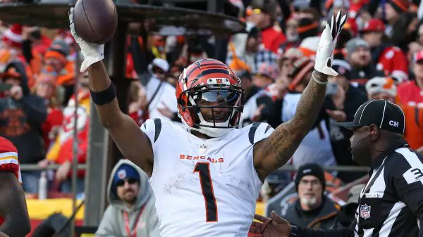 KANSAS CITY, MO - JANUARY 30: Cincinnati Bengals wide receiver Ja Marr Chase (1) celebrates after making a 2-yard touchd