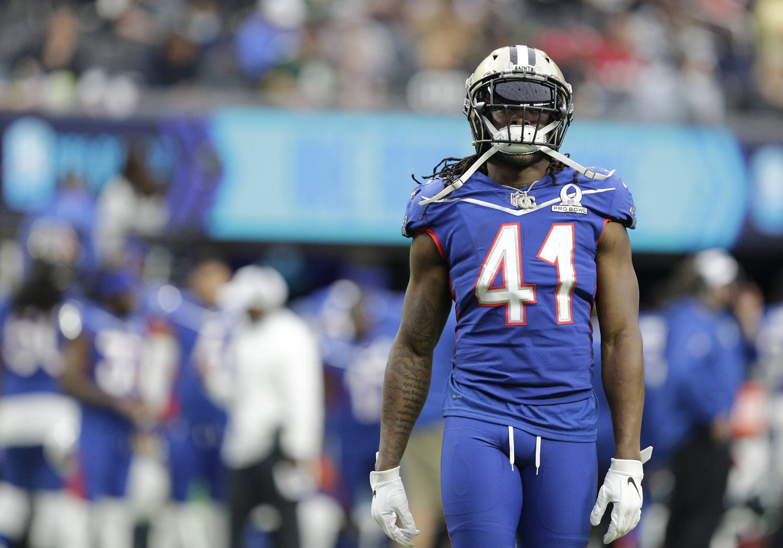 LAS VEGAS, NV - FEBRUARY 06: New Orleans Saints running back Alvin Kamara (41) walks onto the field during the 2022 Pro