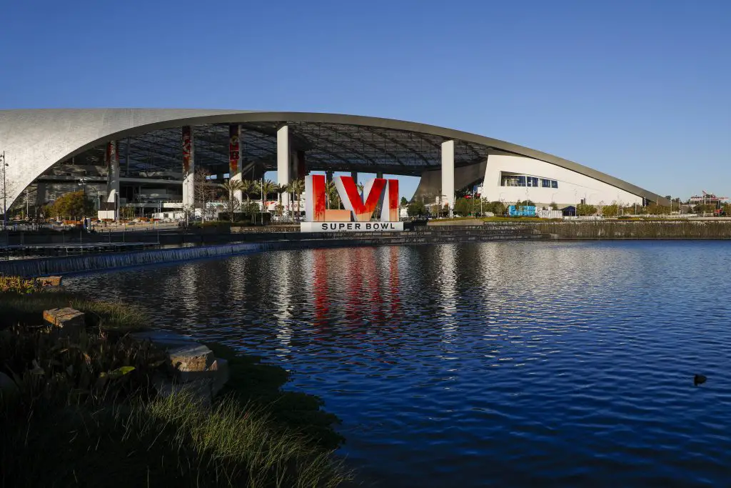 INGLEWOOD, CA - FEBRUARY 07: A general view of Super Bowl LVI logo outside SoFi Stadium on February 7, 2022, in Inglewoo