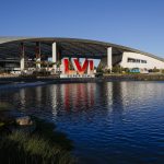 INGLEWOOD, CA - FEBRUARY 07: A general view of Super Bowl LVI logo outside SoFi Stadium on February 7, 2022, in Inglewoo