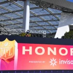 INGLEWOOD, CA - FEBRUARY 8: A NFL, American Football Herren, USA Honors sign outside SoFi Stadium during Super Bowl medi