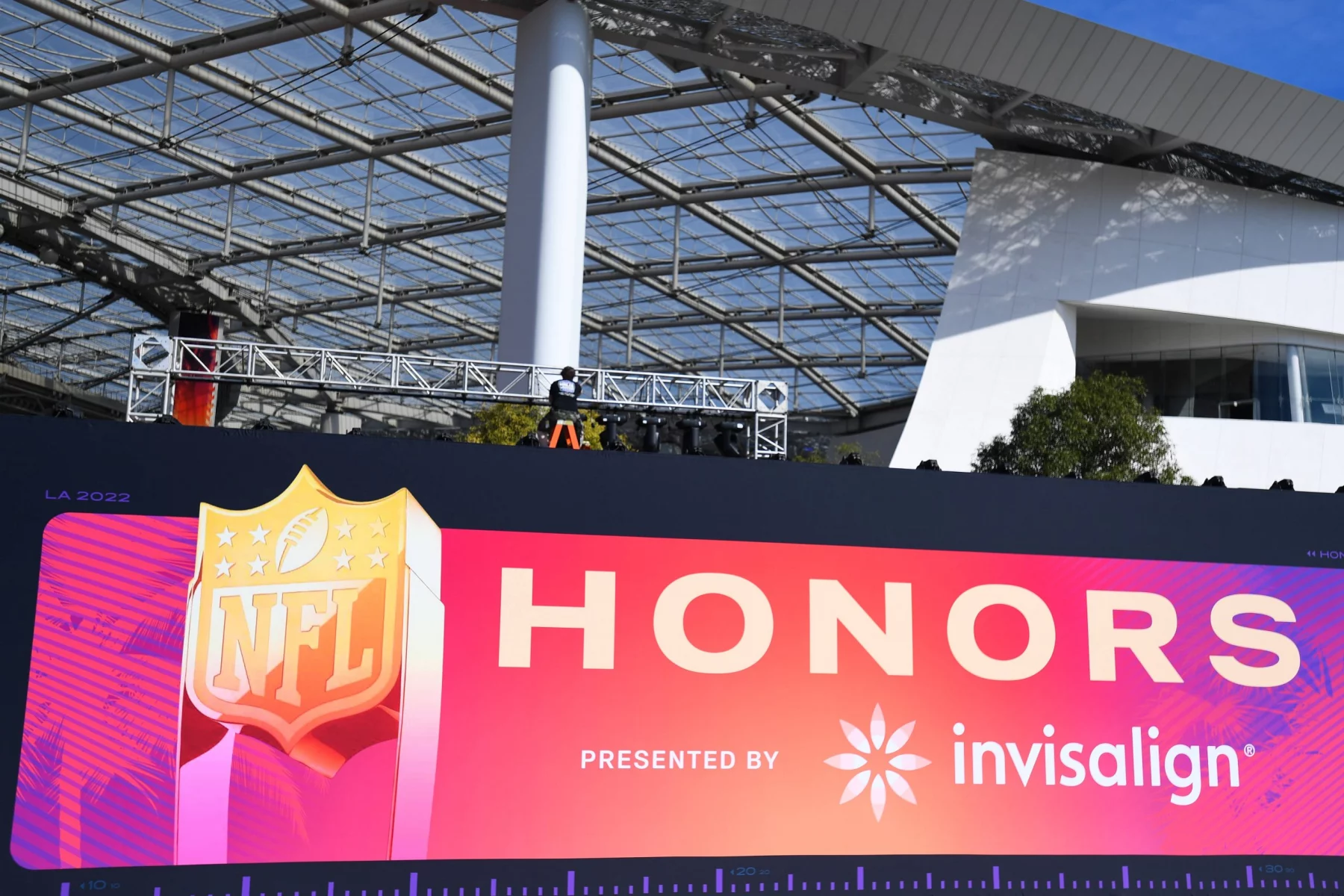 INGLEWOOD, CA - FEBRUARY 8: A NFL, American Football Herren, USA Honors sign outside SoFi Stadium during Super Bowl medi