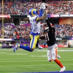 Los Angeles Rams wide receiver Odell Beckham Jr. (3) pulls in a 17-yard touchdown reception while covered by Cincinnati