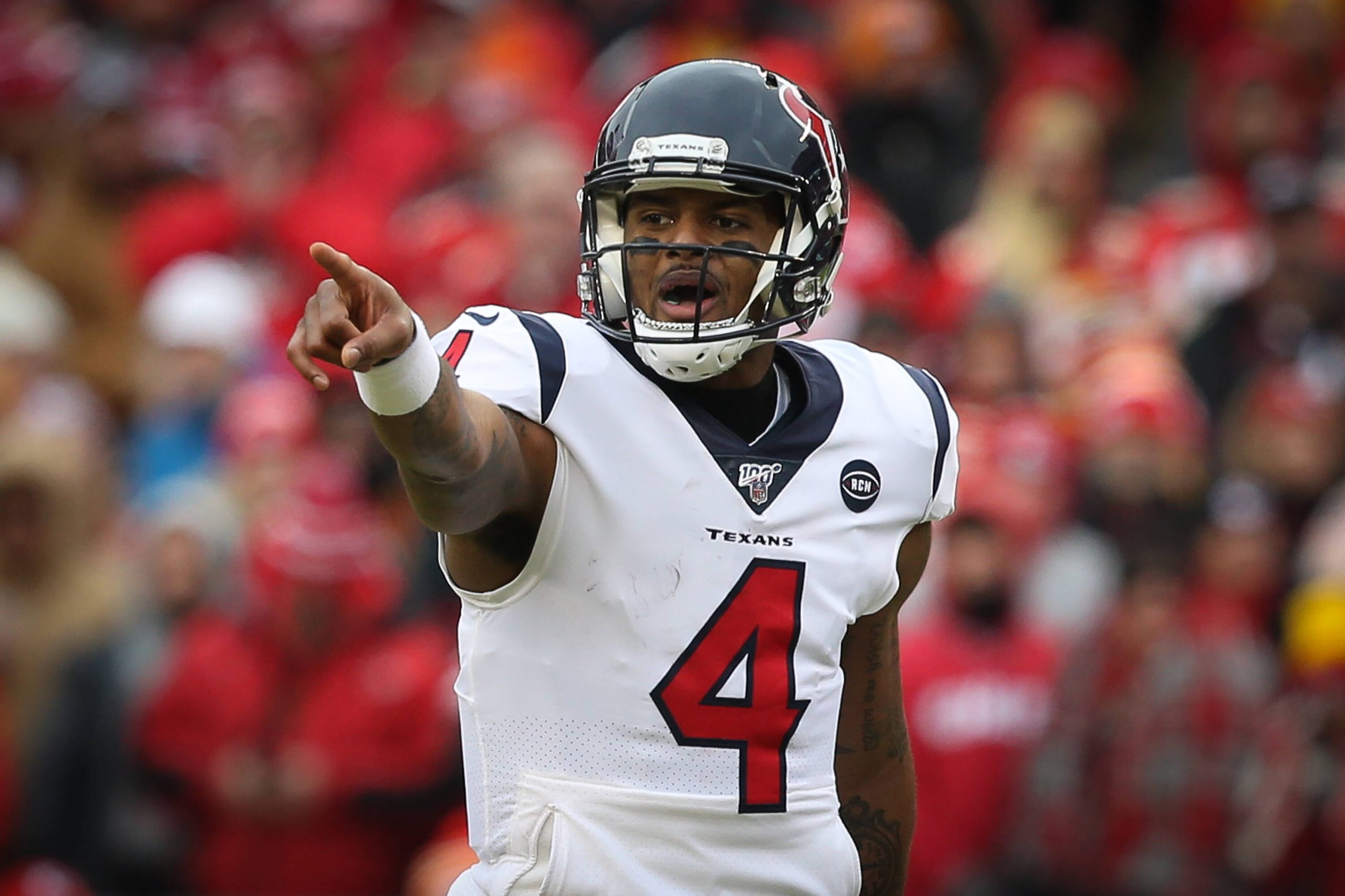 KANSAS CITY, MO - JANUARY 12: Houston Texans quarterback Deshaun Watson (4) points to his receivers in the second quarte